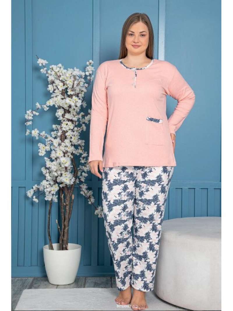Poze Pijama dama din bumbac marimi mari model frunze palmier bleumarin
