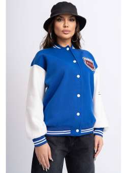 Jacheta Dama din Bumbac Vatuit Albastru cu Maneci Albe Model Baseball