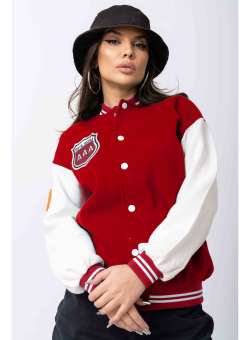 Jacheta Dama din Bumbac Vatuit Rosu cu Maneci Albe Model Baseball